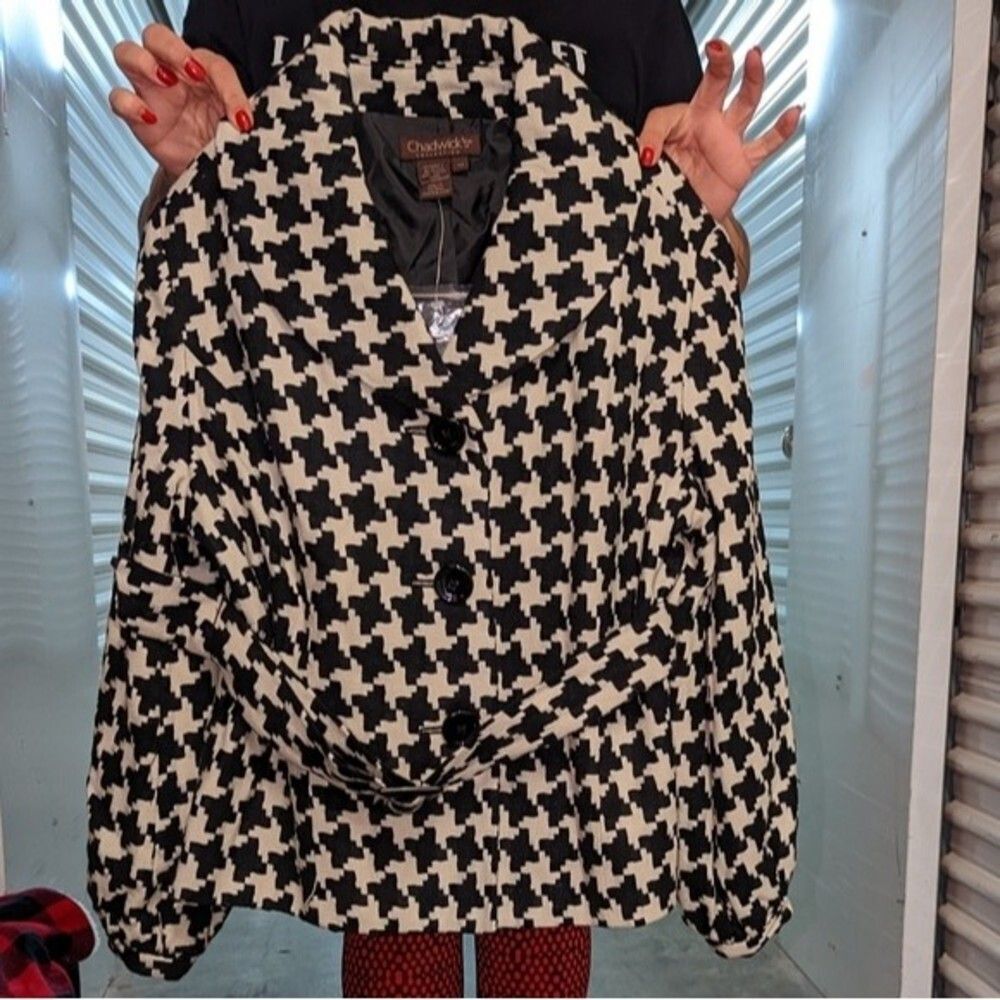 Quiet Luxury Houndstooth Belted‎ Blazer Jacket Career Chic Petite 14P Chadwicks